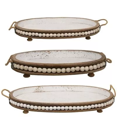 NEW -- Set Of 3 Beaded Oval WOOD Trays With Feet - Rustic Shabby Farmhouse • $84.98