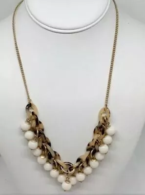 J. Crew Tortoise Chain Link White Bauble Beads Drop Statement Collar Necklace • $12.99