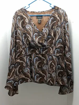 Milano Women's Top XL Brown/ Blue Paisley Print V Neck Bell Sleeve 70's Style • $17.99