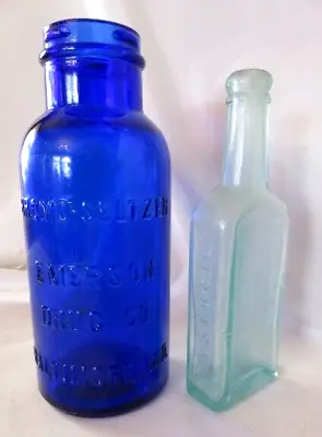 2-Vint. Medicine Bottles Lg.Cobalt BROMO SELTZER&Chas H Fletcher's CASTORIA-Aqua • $4