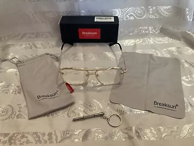 Breaksun Square Aviator Eyeglasses Gold Tone Frame/Clear Lens + Accessories NIB • $9.99