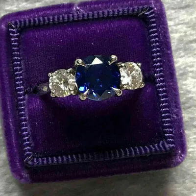 3.60Ct Round Cut Sapphire Diamond Trilogy Engagement Ring 14k White Gold Finish • £106.98