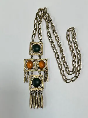 Vintage Etruscan Revival Necklace With Faux Amber & Emerald Cabochons FAST SHIP • $14