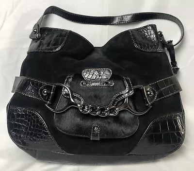 Maxx NY Women’s Shoulder Bag Black Suede Textured Leather Cow Hair Trim Horsebit • $48