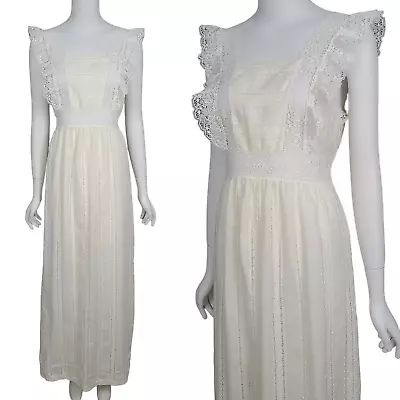 VINTAGE 60s Flair Maxi Dress M Ivory Lace Ruffle Sheer Tie-Back Maxi Nightgown • $40