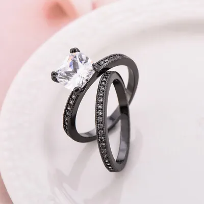 Square Cz Wedding Bands Women's Black Gold Filled Engagement Rings Set Size 6-10 • $16.42