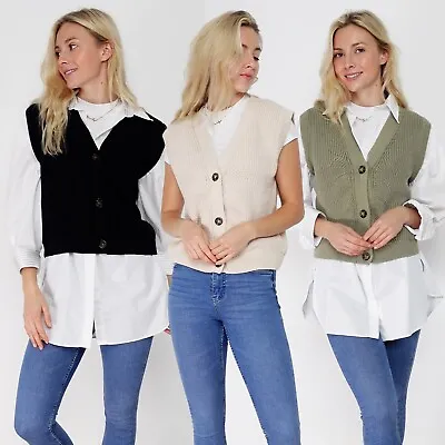 Ex M S Sleeveless Knit Button Up V-Neck Cardigan Size XS - XXL 3 Colours • £12.95