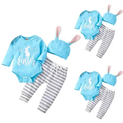 Newborn Baby Girls 1st Easter Costume Infant Romper + Pants + Hats Outfits Set • £8.73