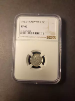 Sarawak Rajah Brooke Silver 5 Cents 1913 H SPECIMEN/PROOF! NGC SP63 • $5500