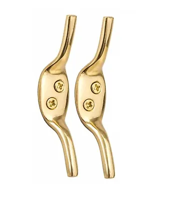 Set Of 2 SOLID BRASS CLEAT HOOKS 75mm/3  Metal Curtain Blind Washing Line Tie Up • £4.25