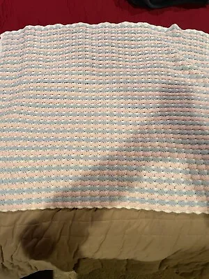 Vintage Crochet Baby Crib Blanket Baby Blanket Afghan Throw Pink Blue Colors • $15