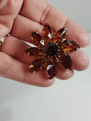 Vintage Made In Austria Amber/ Brown Rhinestone Prong Set Flower Brooch Pin • $29.99