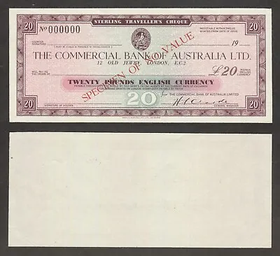 Australia - The Commercial Bank Of - 20 Pounds - Travellers Cheque -SPECIMEN (2) • $8.99