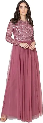 Maya Deluxe Bridesmaid Maxi Dress UK18 Long Sleeve Sequin Evening Ball Gown • £30
