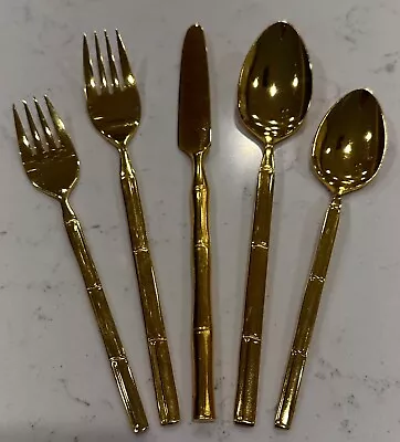 5 PC Gold Colored Flatware Bamboo Design NICE Condition • $48.88