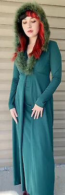 Vtg 1970s Green Halter Maxi Dress W Matching Marabou Feather Trim Hooded Duster • $165