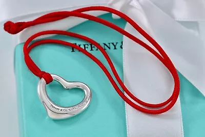 Tiffany & Co. Elsa Peretti Silver 22mm Open Heart Pendant Red Silk Cord Necklace • $230