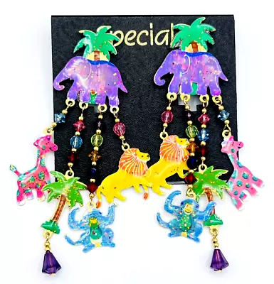 Vintage 80's KCFA Multicolor Jungle Animal Dangle Pierced Earrings • $39.99