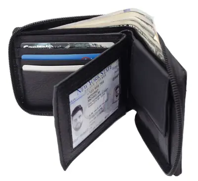 Mens Premium Leather Bifold Wallet RFID Blocking Zip Around Closure Wallet • $21.99
