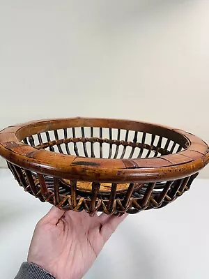 Vintage Woven Round Bamboo Rattan Pencil Reed Wood Basket Bread Fruit Bowl • $54.75