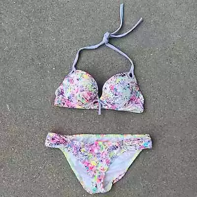Victoria’s Secret 34C/M The Gorgeous Push-up Knockout Bikini Neon Splatter Foil • $60