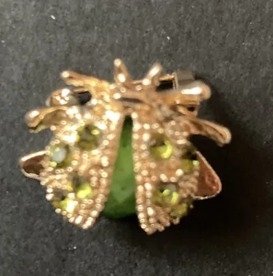 Costume Jewellery Ladybird Bug Green Crystal Spot Gold Tone Small Brooch • £10