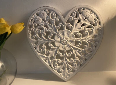 £16.99 • Buy Carved Distressed White Wood Art Heart 30cm Wall Hanging Panel Decoration