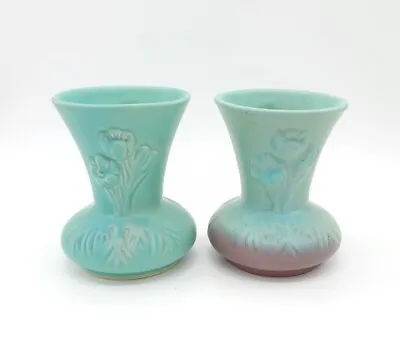 Pair Vintage Van Briggle Art Pottery Crocus Ming Green Turquoise  Mulberry Vases • $93.49