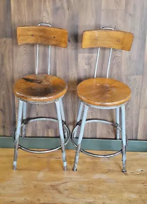 Pair(2) Vintage Industrial Factory Stools Real Blonde Wood Back & Seat • $365