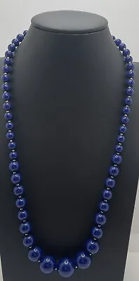 Navy Blue Gold Tone Round Beaded 24  Necklace Fashion Jewelry Unmarked • $5.99