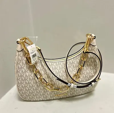 Michael Kors Cora Large Zip Pouchette Chain Shoulder Crossbody Bag Light Cream • $104