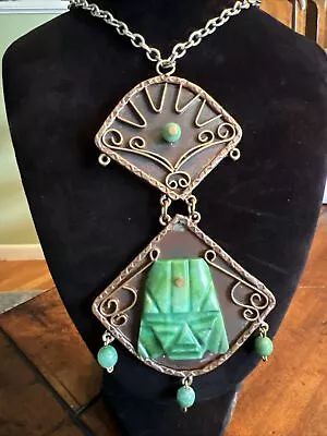 OLD Casa Maya Mexico Copper Carved Jade Aztec Head Tribal 2 Piece Necklace HUGE • $49.99