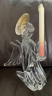 VTG Murano Clear Glass Kneeling Winged Angel Gold Dust Halo Candle Holder 7.5” • $89