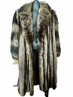 Women's Luxurious Raccoon Fur Overcoat Long Sleeve Multicolor Size 12 Length 49” • $1300