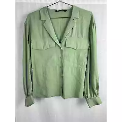 Zara Women's Size Small V-Neck Green Oversized Balloon Sleeve Groovy Blouse Top • $24.99