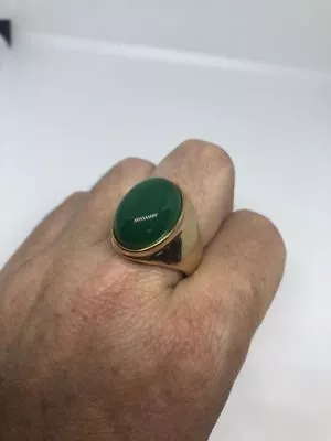 Vintage Golden Stainless Steel Genuine Green Chrysoprase Size 12 Men's Ring • $44