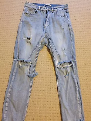 Decjuba Relaxed Hi Rise Boyfriend Ripped Distressed Denim Wash Moto Jeans Size 8 • $29.25
