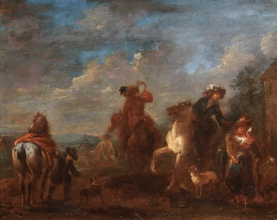 £132 • Buy 17th CENTURY FINE DUTCH OLD MASTER OIL ON PANEL - HUNTING PARTY IN LANDSCAPE