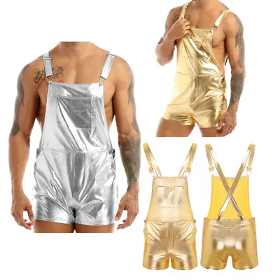 Mens Metallic Dungarees Shorts Bid Overalls Suspender Shorts Hot Pants Clubwear • £7.19