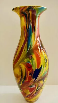 Mid Century Murano LARGE Art Glass Vase Trumpet Vase Yellow Orange Multi 18 “ • $265