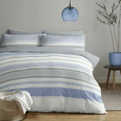 Blue White Grey Multi Tonal Stripe Chambray Duvet Quilt Cover Bed Bedding Set • £20.99