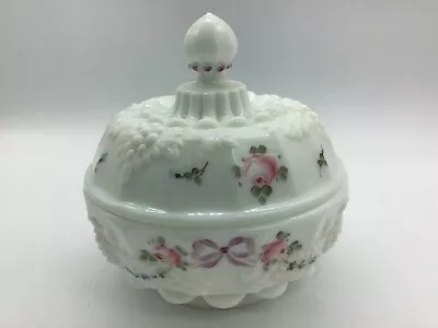 Westmoreland Milk Glass Powder Trinket Box Grape Painted Floral (4.75” X 5”) • $19.20