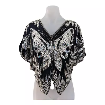 Valachi Creations Size XS/S Classic 80s Sequin Butterfly Top Blouse Black V Neck • £7.98