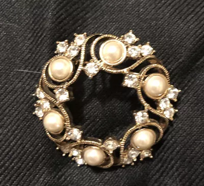 Vintage Gold Metal Filigree Lucite Pearls Rhinestones Brooch - Monet • $15