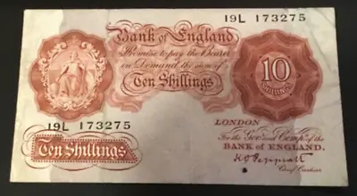 Banknote Of England Ten Shillings KO. Peppiatt. Rare. 19L. Excellent Condition. • £2