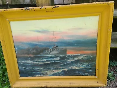 Antique US Navy Military Ship Oil Painting On Black Artist Board W/Lable 1928 • $489