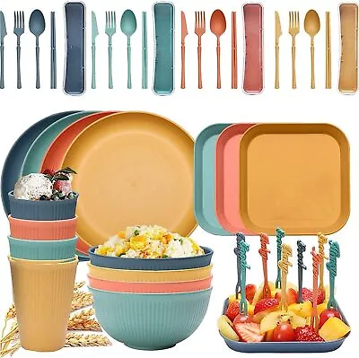 48Pcs Unbreakable Dinnerware Sets Plastic Plates And Bowls Sets With Cups Cutl • £52.97