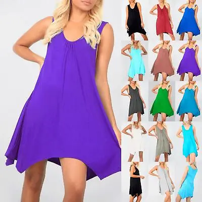 £2.99 • Buy Womens Ladies Mini Sleeveless Hanky Hem Stretchy Ruched Top Flared Swing Dress