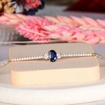 Oval Cut Lab-Created Blue Sapphire Women's Chain Bracelet 14K Rose Gold Finish • $119.99