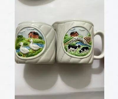 Vintage Otagiri Duck & Cow Coffee Mugs Set Gibson Greeting Cards Holly Berry • $15